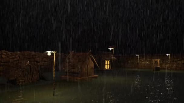 Het Dorp Overstroomd Een Regenachtige Nacht — Stockvideo