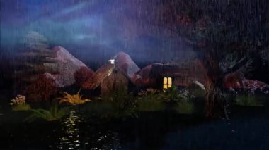 Yağmur, kırsal, doğa manzarası yağmur, gök gürültüsü ve şimşeklerin olduğu gece.