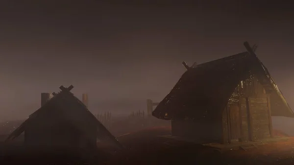 The cottage in the fog at night.