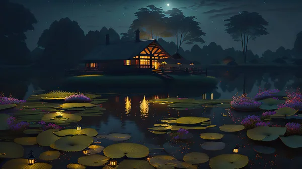 The lotus lake and the wooden house on the lotus lake at night
