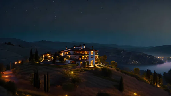 Villa on the hill overlooking the rainy night city