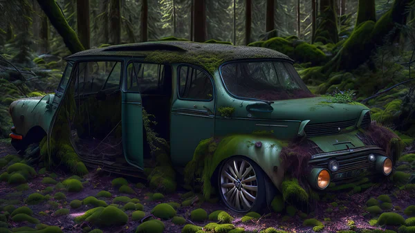 cars are covered with moss and abandoned in the forest.