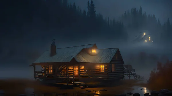 Art landscapes, Rain falls on cabins in foggy rainforest
