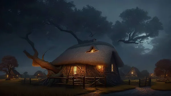  House under the tree in the forest.