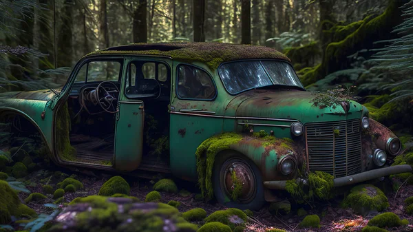 cars are covered with moss and abandoned in the forest.