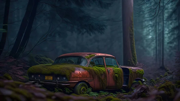 cars are covered with moss and abandoned in the forest.