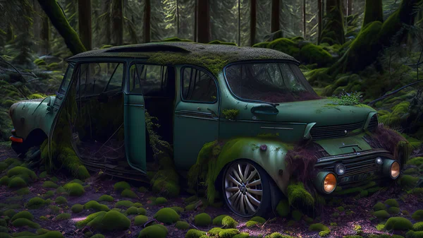 Cars Covered Moss Abandoned Forest Photo De Stock