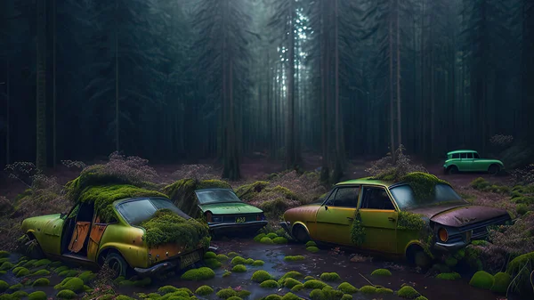 Cars Covered Moss Abandoned Forest Images De Stock Libres De Droits