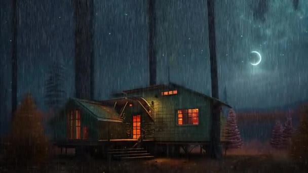 雨が森の小屋に降る — ストック動画