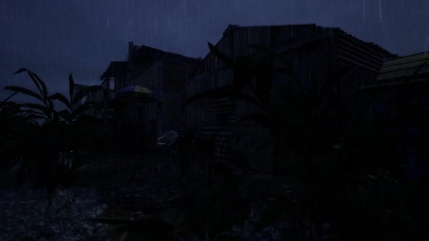 落雨森林小木屋 黑色背景风暴叠层 — 图库视频影像
