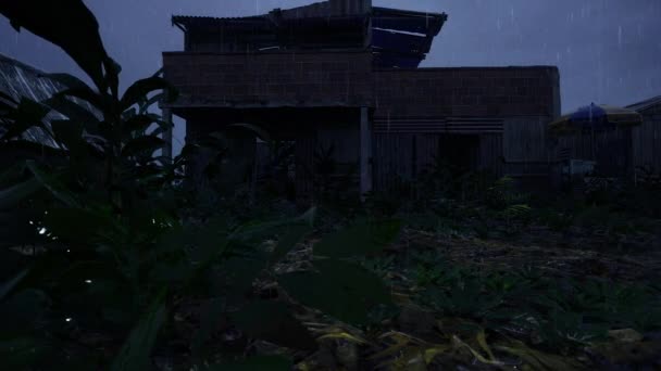 Vallende Regenwoudhutten Zwarte Achtergrond Storm Overlay Regenmist Zware Regenval Regenplons — Stockvideo