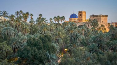 Elche Sarayı 'nın panoramik manzarası ve Altamira Kalesi' nin manzarası ve Valensiyalı Cemaati Alicante, Elche, İspanya 'daki Santa Mara Bazilikası' nın mavi kubbesi..