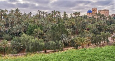 Elche Sarayı 'nın panoramik manzarası ve Altamira Kalesi' nin manzarası ve Valensiyalı Cemaati Alicante, Elche, İspanya 'daki Santa Mara Bazilikası' nın mavi kubbesi..