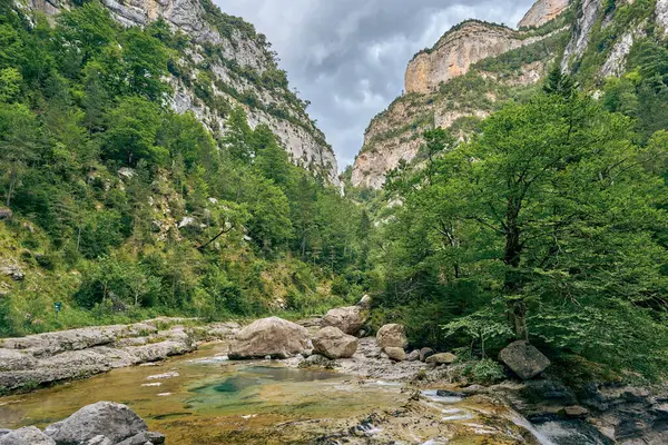 Landscape of the Aisclo Canyon valley, with high rocky mountains, green forests, and rivers in Ordesa National Park, Huesca, Aragon, Spain.