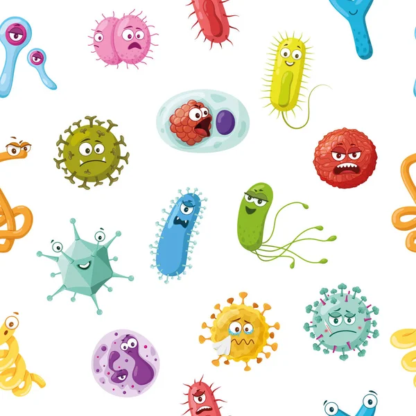 ウイルスや細菌の漫画のキャラクターとシームレスなパターン — ストックベクタ