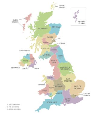 İngiltere 'nin idari bölümleri ile vektör haritası. Düzenlenebilir ve etiketlenebilir katmanlar.