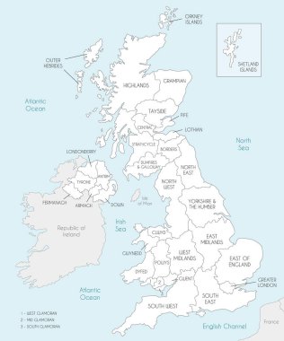İngiltere 'nin idari bölümleri ve komşu ülkelerle ilgili vektör haritası. Düzenlenebilir ve etiketlenebilir katmanlar.