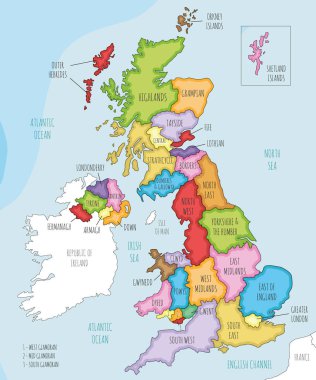 İngiltere 'nin idari bölümleri ve komşu ülkelerle ilgili vektör resimli haritası. Düzenlenebilir ve etiketlenebilir katmanlar.