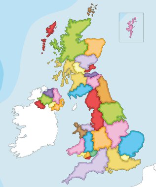 Vektör, İngiltere 'nin idari bölümleri ve komşu ülkelerle ilgili boş haritasını çizdi. Düzenlenebilir ve etiketlenebilir katmanlar.