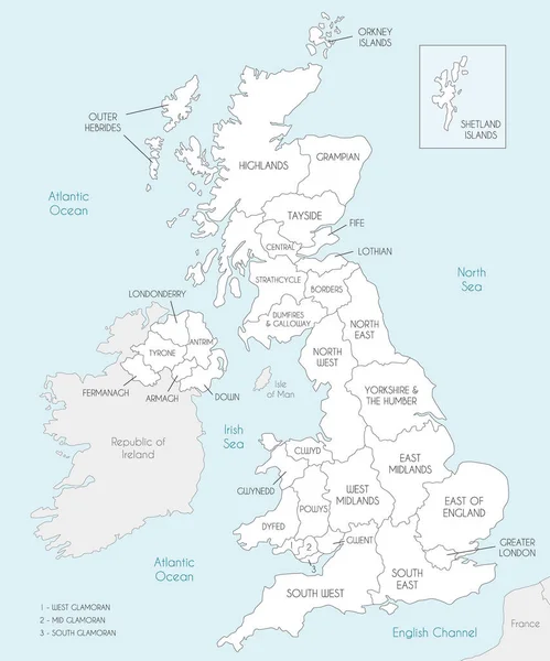 Vector Kaart Van Het Verenigd Koninkrijk Met Administratieve Afdelingen Buurlanden — Stockvector