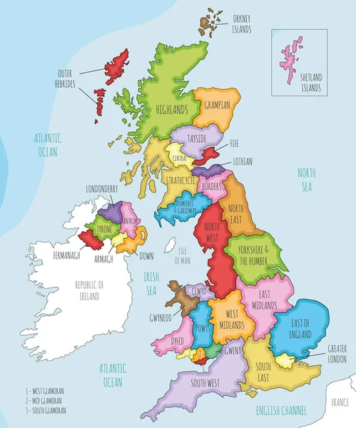 Vector Ilustrado Mapa Del Reino Unido Con Divisiones Administrativas Los — Vector de stock