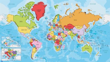 Her ülke için farklı renklere sahip son derece detaylı Dünya Haritası vektör çizimi. Düzenlenebilir ve etiketlenebilir katmanlar.