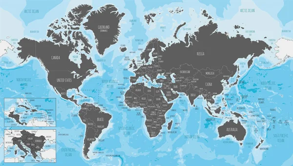 非常に詳細な世界地図ベクトル図 編集可能かつ明確にラベル付けされたレイヤー — ストックベクタ