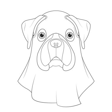 Boyama için Cadılar Bayramı tebrik kartı. Hayalet gibi giyinmiş boksör köpeği.