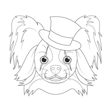 Boyama için Cadılar Bayramı tebrik kartı. Silindir şapkalı ve palyaço makyajlı Papillon köpeği