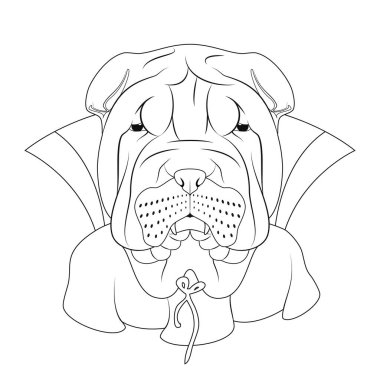 Boyama için Cadılar Bayramı tebrik kartı. Sivri dişli ve pelerinli bir vampir gibi giyinmiş Shar Pei köpeği