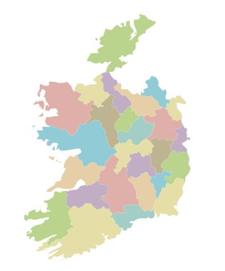 İrlanda 'nın ilçe ve idari bölümleriyle ilgili boş haritası. Düzenlenebilir ve etiketlenebilir katmanlar.