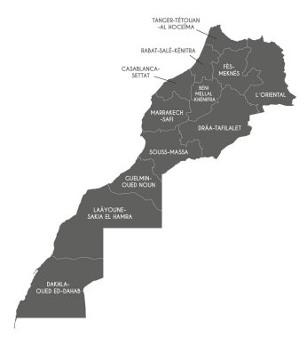 Bölgeleri ve idari bölümleri olan Fas 'ın vektör haritası. Düzenlenebilir ve etiketlenebilir katmanlar.