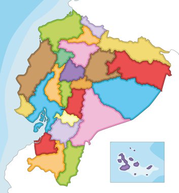 Vektör, Ekvador 'un vilayetleri, idari bölümleri ve komşu ülkelerle birlikte boş haritasını çizdi. Düzenlenebilir ve etiketlenebilir katmanlar.