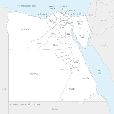 Mısır 'ın valileri, vilayetleri, idari bölümleri ve komşu ülkeleri olan vektör haritası. Düzenlenebilir ve etiketlenebilir katmanlar.