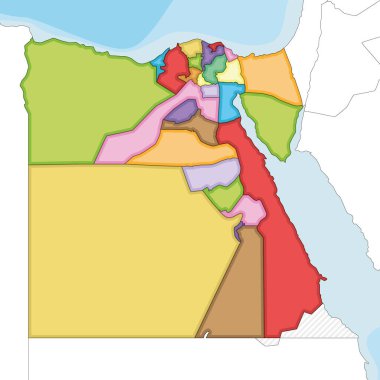 Vektör, Mısır 'ın boş haritasını valiler, vilayetler, idari bölümler ve komşu ülkelerle birlikte çizdi. Düzenlenebilir ve etiketlenebilir katmanlar.