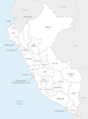 Peru 'nun departmanları, vilayetleri, idari bölümleri ve komşu ülkeleri olan vektör haritası. Düzenlenebilir ve etiketlenebilir katmanlar.