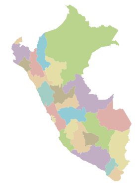 Peru 'nun bölümleri, vilayetleri ve idari bölümleri olan boş bir haritası. Düzenlenebilir ve etiketlenebilir katmanlar.