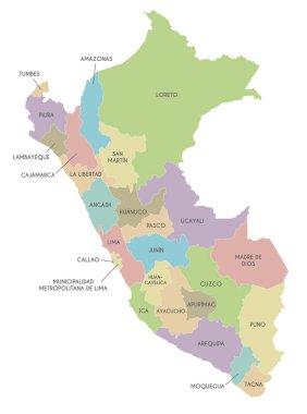 Peru 'nun departmanları, vilayetleri ve idari bölümleri olan vektör haritası. Düzenlenebilir ve etiketlenebilir katmanlar.