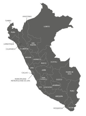 Peru 'nun departmanları, vilayetleri ve idari bölümleri olan vektör haritası. Düzenlenebilir ve etiketlenebilir katmanlar.