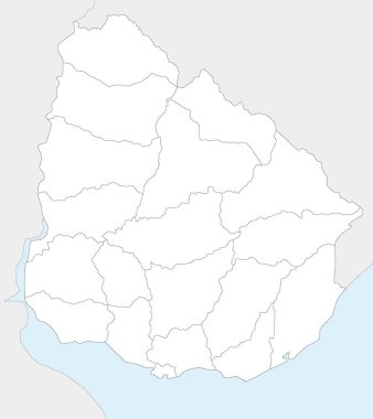 Uruguay 'ın bölümleri, idari bölümleri ve komşu ülkelerle ilgili boş haritası. Düzenlenebilir ve etiketlenebilir katmanlar.