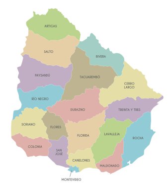 Departmanlar ve idari bölümlerle Uruguay 'ın vektör haritası. Düzenlenebilir ve etiketlenebilir katmanlar.