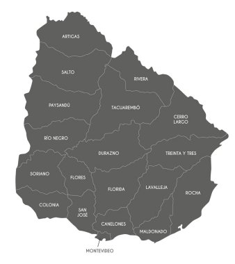 Departmanlar ve idari bölümlerle Uruguay 'ın vektör haritası. Düzenlenebilir ve etiketlenebilir katmanlar.