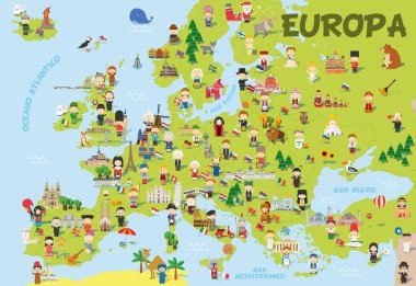 Farklı milletlerden çocuklar, temsili anıtlar, hayvanlar ve tüm ülkelerin nesneleriyle İspanyolca Avrupa 'nın komik karikatür haritası. Anaokulu eğitimi ve çocuk tasarımı için vektör illüstrasyon.