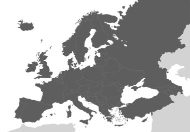 Beyaz arka planlı gri renkli Avrupa 'nın siyasi boş haritası. Vektör illüstrasyonu