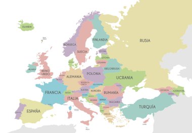 Siyasi Avrupa Haritası vektör çizimi beyaz arka planda izole edilmiş ve ülke isimleri İspanyolca. Düzenlenebilir ve etiketlenebilir katmanlar.