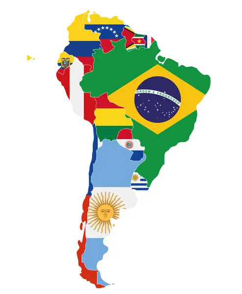 Mapa Político Sudamérica Ilustración Vectorial Con Las Banderas Todos Los Ilustración De Stock