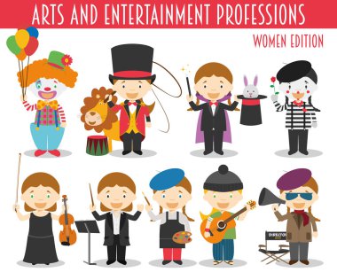 Çizgi film tarzında Vector Set of Arts and Entertainment Professions. Kadın Sürümü.