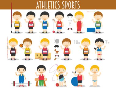 Çizgi film tarzında atletizm ve jimnastik sporlarının vektör kümesi