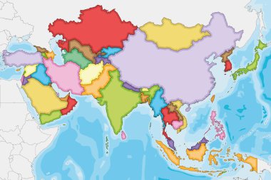 Boş Siyasi Asya Haritası her ülke için farklı renklerde vektör çizimi. Düzenlenebilir ve etiketlenebilir katmanlar.
