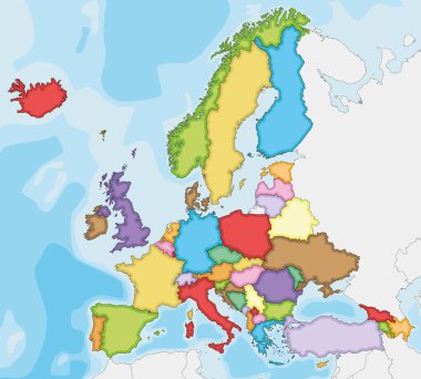 Boş Siyasi Avrupa Haritası her ülke için farklı renklerde vektör illüstrasyonları. Düzenlenebilir ve etiketlenebilir katmanlar.